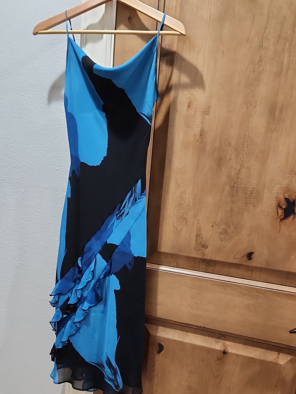 Express Black and Blue Ruffle Slip Midi Dress